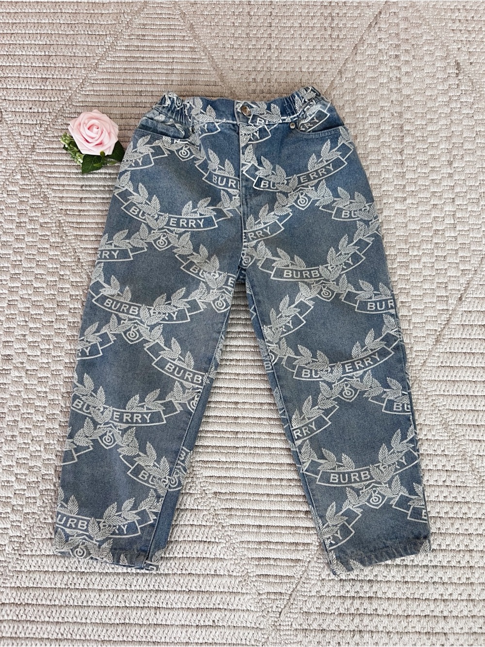 Burberry Carven Cedar Crest Pattern Big kid Blue Logo-Print Denim Pants Jeans